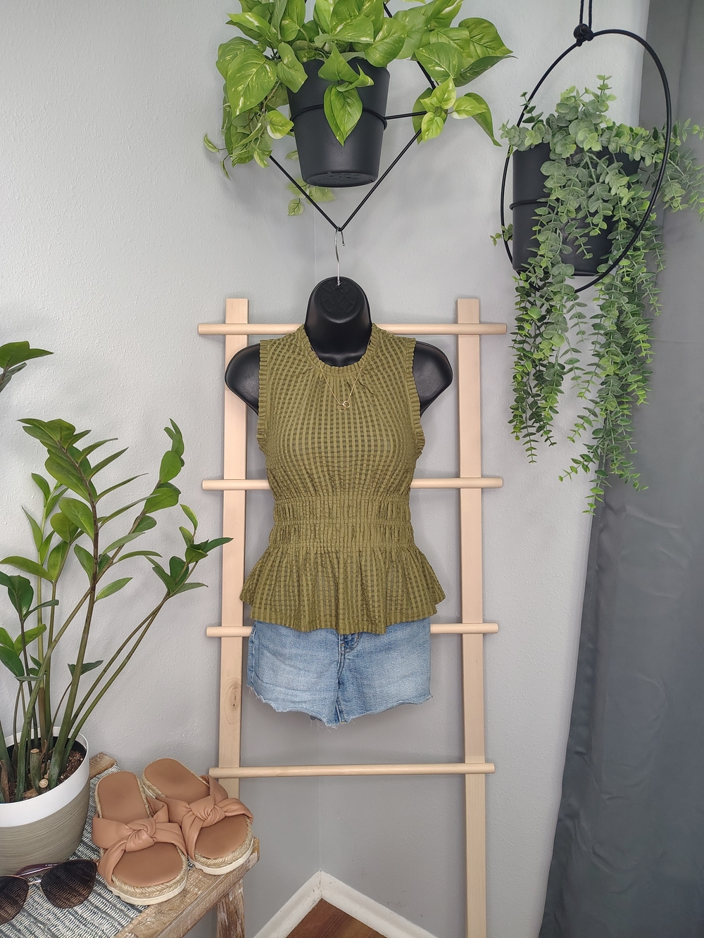 Anthropologie Maeve Olive Green Smocked Peplum Tank, Medium